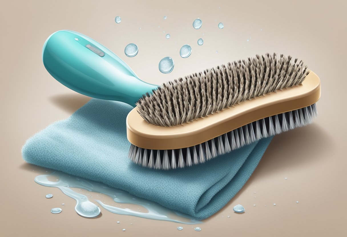 Hair brush submerged in soapy water, bristles being scrubbed with a brush cleaner, rinsed under running water, and left to air dry on a towel