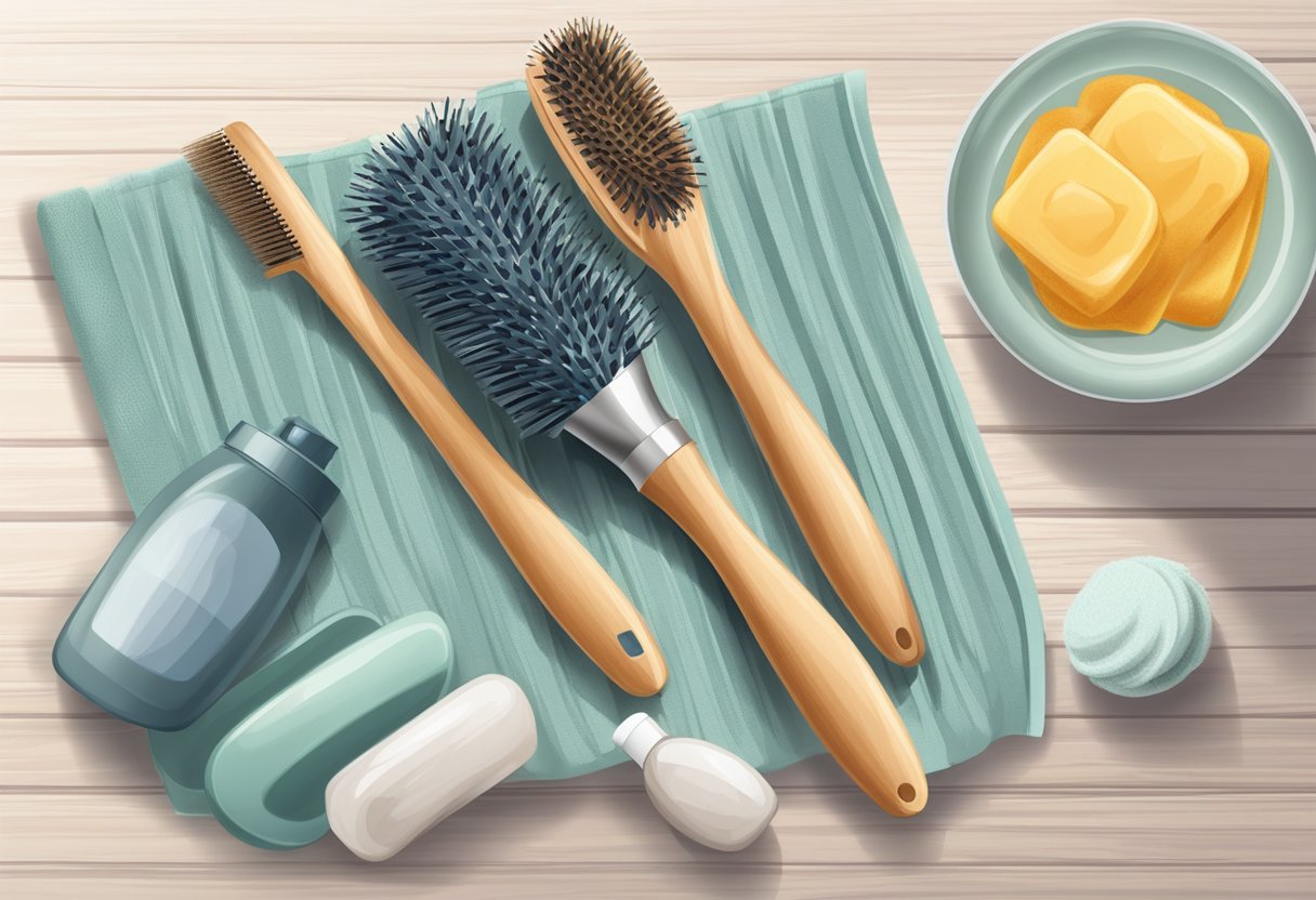 Hair brushes laid out on a clean towel, bristles facing up. A small bowl of warm soapy water and a comb nearby. A hand towel for drying