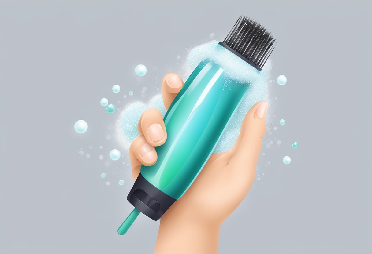 A hand holding a natural cleaning solution and a hairbrush, with bubbles and dirt being removed from the brush