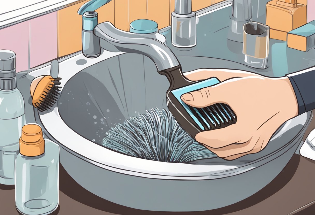 A hand holding a dirty hairbrush, using a comb to remove hair and debris. A sink with running water and soap nearby