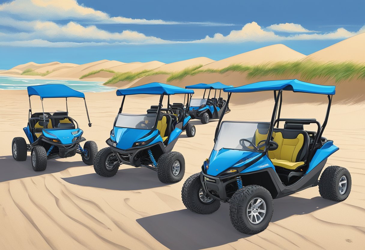 Dune buggies line up at Indiana Dunes rental. Sand dunes stretch in the background, with blue skies overhead