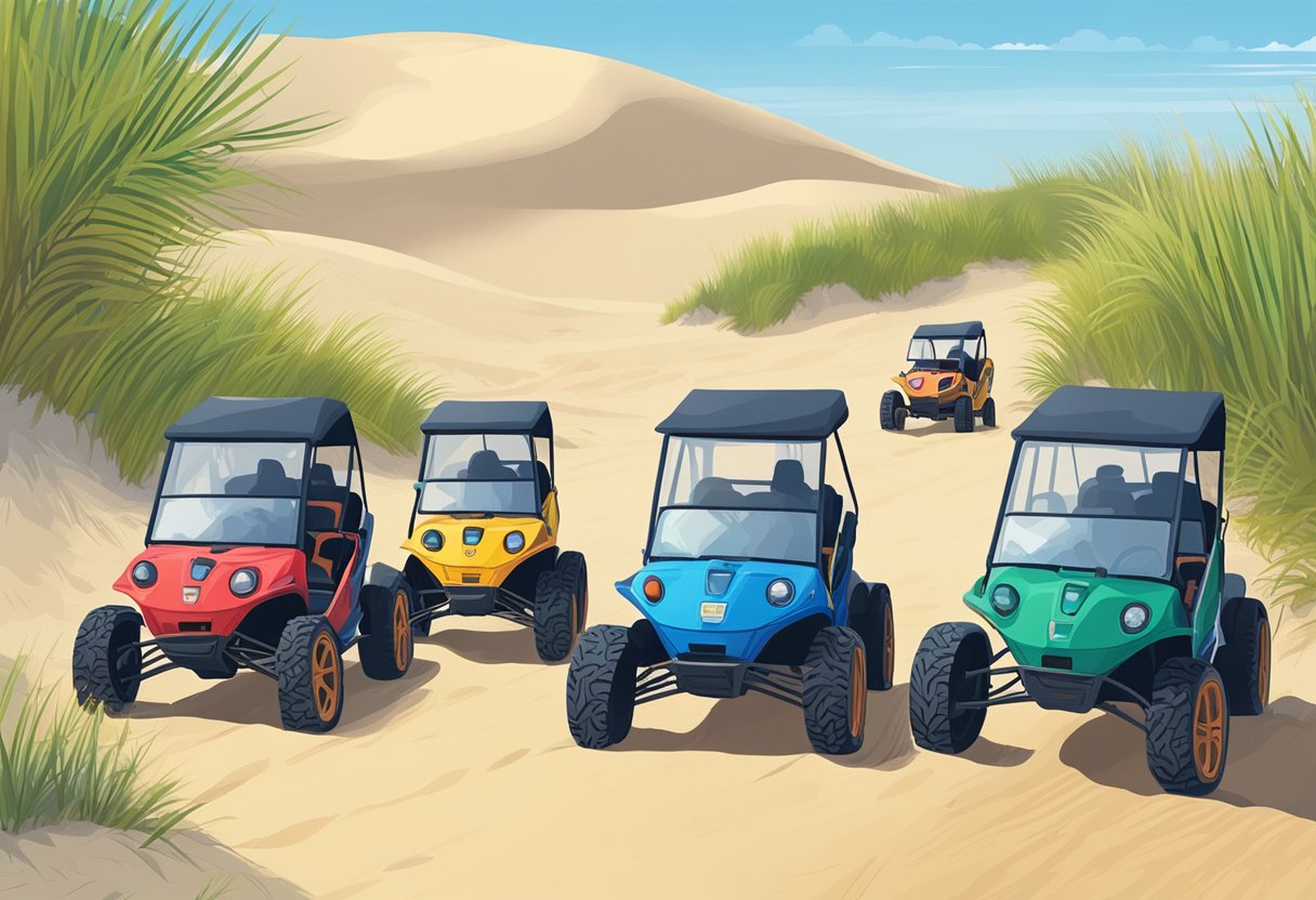 A row of colorful dune buggies lined up against the backdrop of the Indiana Dunes, with a sign advertising rentals and a sandy trail leading off into the distance