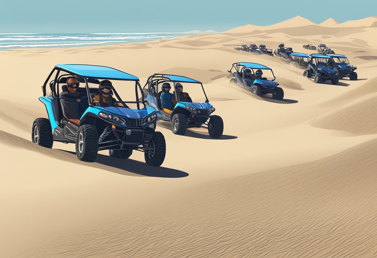 Dune buggies available for rent at Indiana Dunes. Sand dunes in background, rental office sign visible