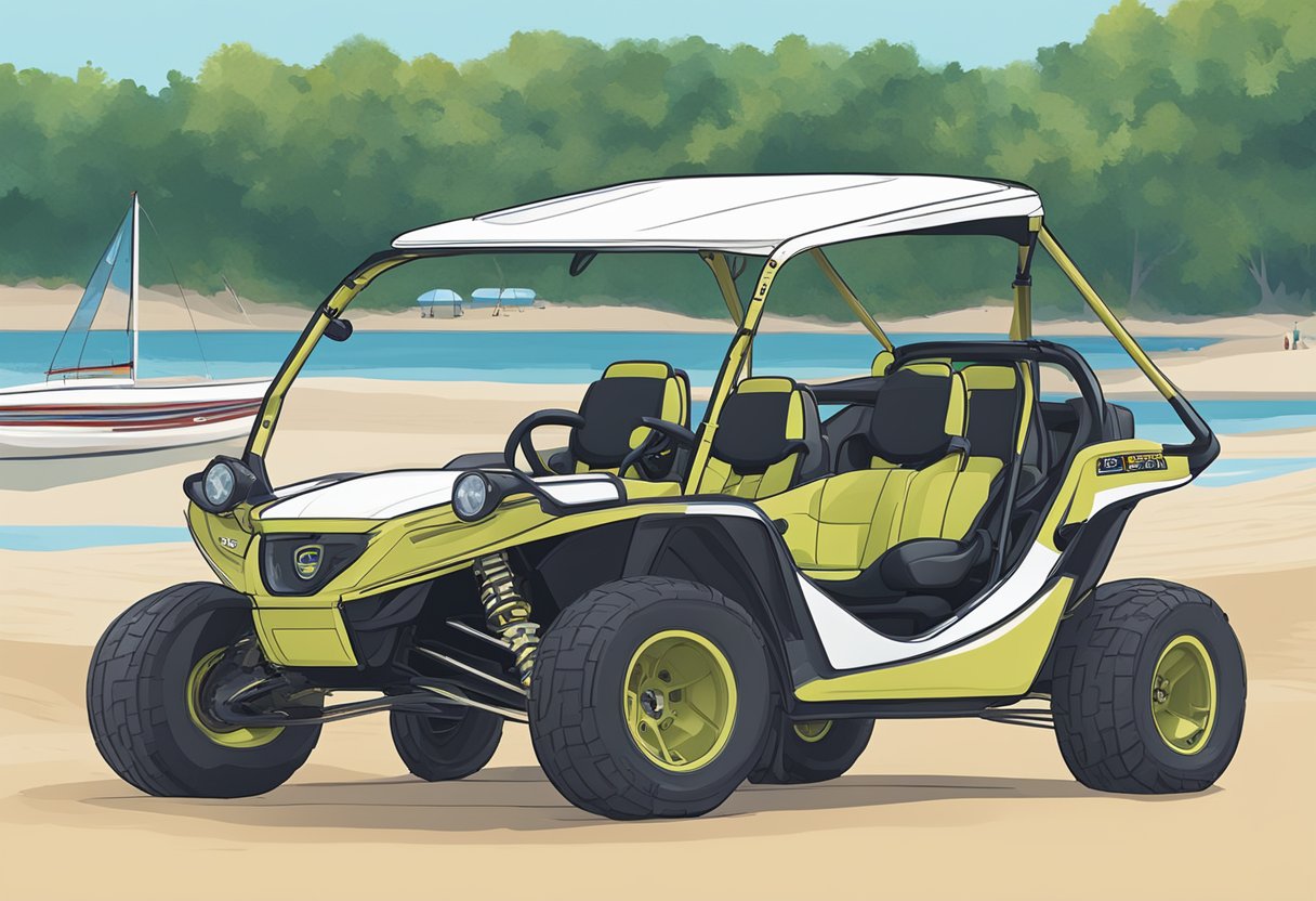 Dune buggies sit parked in a designated rental area at Indiana Dunes, with clear safety regulations and guidelines posted nearby