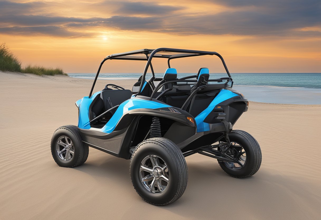 Dune buggies available for rent at Indiana Dunes. Pricing and rental packages displayed with dunes in the background