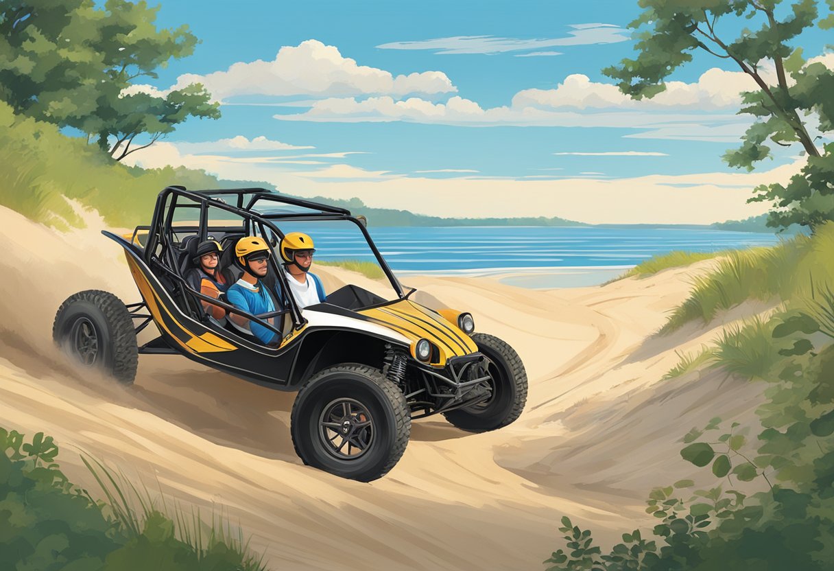 Indiana Dunes' popular dune buggy trails wind through sandy terrain, with breathtaking views of Lake Michigan. Visitors can rent dune buggies for an exhilarating off-road adventure