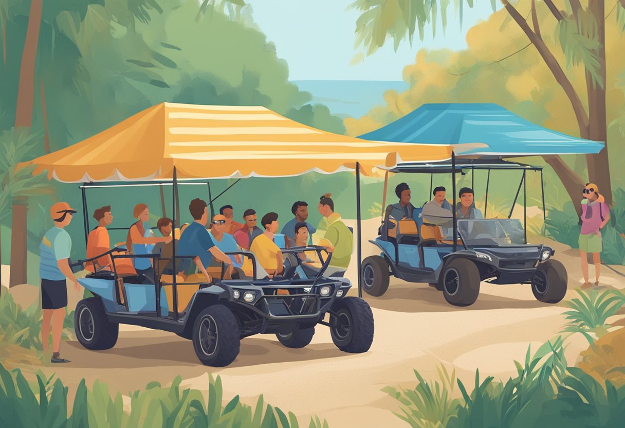 A group of first-time renters excitedly gather around a rental shop at Indiana Dunes, inquiring about the availability of dune buggies for their adventurous day out