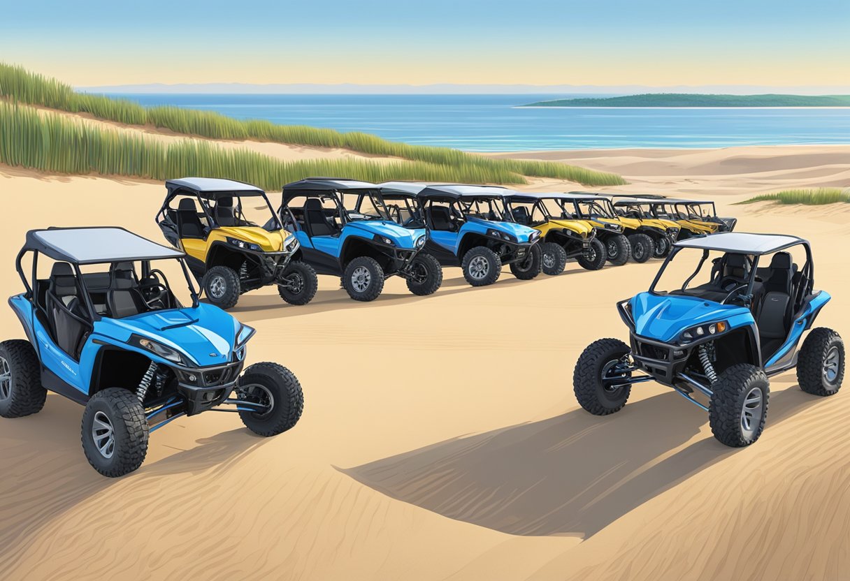 Dune buggies line up at Sleeping Bear Dunes rental shop. Sand dunes stretch in the background, with a clear blue sky overhead