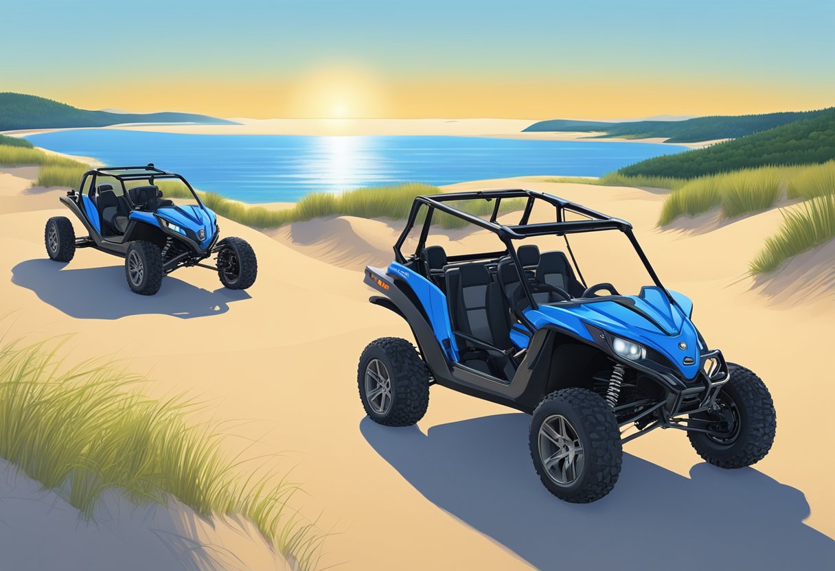 Dune buggies parked at rental locations near Sleeping Bear Dunes. Sand dunes in the background. Blue sky and sunshine