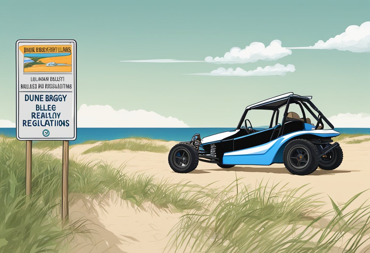 A dune buggy parked next to a sign reading "Dune Buggy Rules and Regulations" at Sleeping Bear Dunes