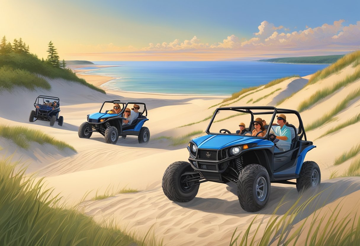 Visitors rent dune buggies at Sleeping Bear Dunes, driving through sandy terrain with towering dunes and picturesque views of Lake Michigan