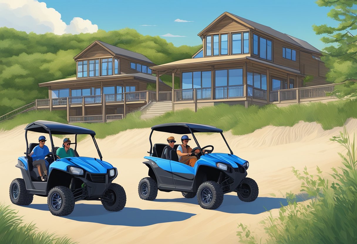 Visitors inquire about renting dune buggies at Sleeping Bear Dunes. Sand dunes and rental office in background. Blue sky and greenery