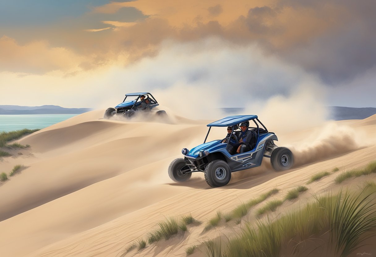 Dune buggies race over the sandy dunes at Sleeping Bear Dunes, kicking up clouds of dust as they navigate the rugged terrain