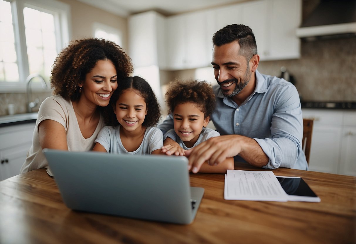 A family sits at a kitchen table, reviewing temporary resident home loan options on a laptop. A real estate agent gestures towards a brochure