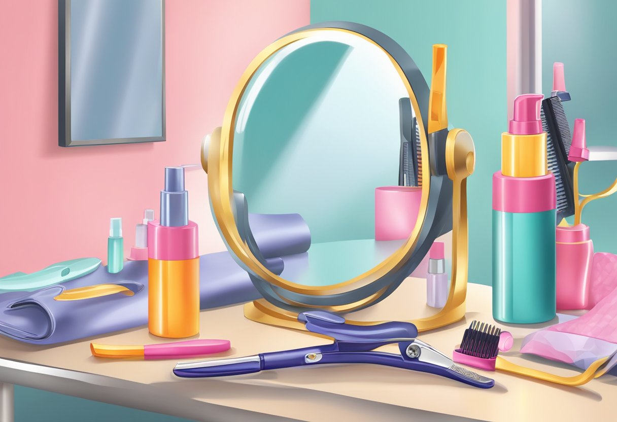 A table with a curling iron, heat protectant spray, hair clips, and a comb. A mirror reflects the tools on the table