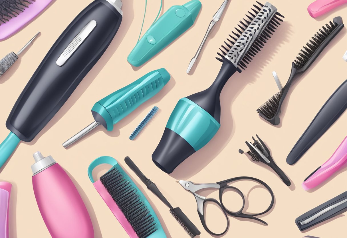 Hair tools laid out on a table: curling iron, heat protectant spray, hairbrush, and hair clips. Instructions or a tutorial video playing on a nearby device