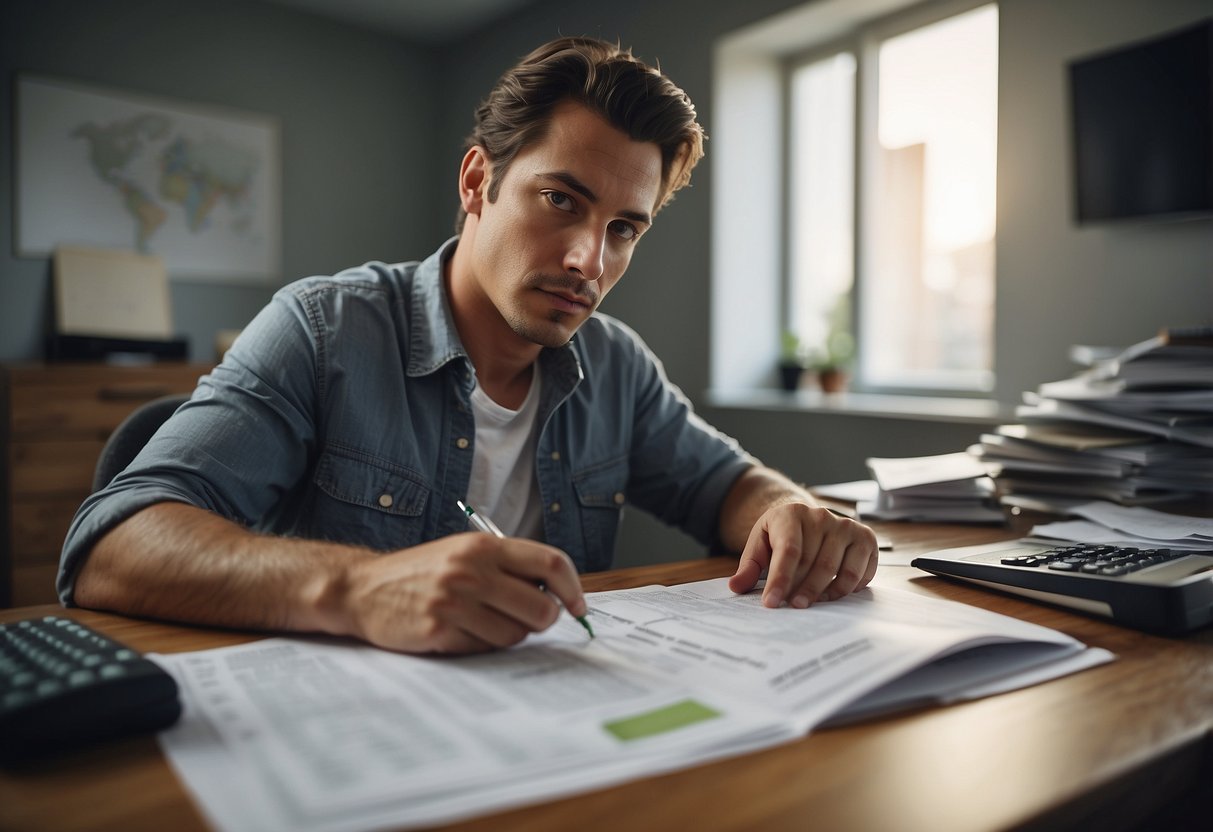 A temporary resident sits at a desk, reviewing home loan documents. A map of the country and a calculator are on the desk. The person looks focused and determined