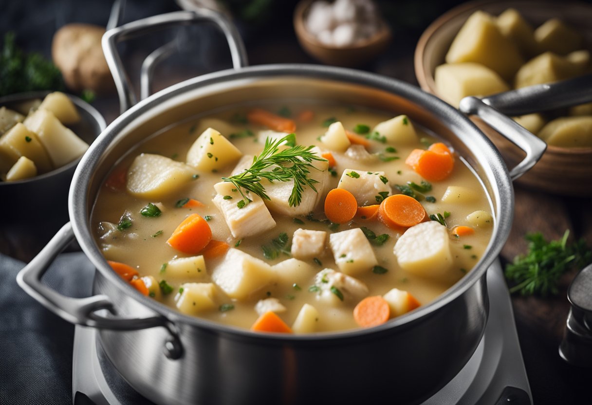 A pot of fish chowder simmers on a stove, filled with chunks of fish, potatoes, carrots, and herbs in a clear broth