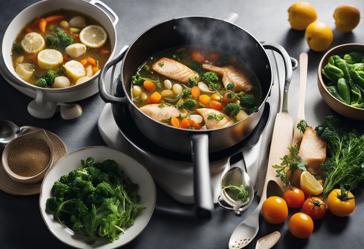 A pot simmering on a stove with fish, vegetables, and broth. Bowls, spoons, and ingredients scattered on a kitchen counter