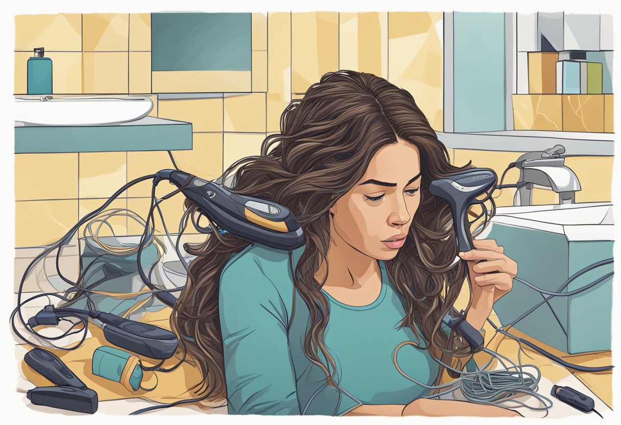 A woman's hair straightener sits on a bathroom counter, next to a tangled mess of cords. A frustrated expression is evident on the woman's face as she attempts to untangle the cords