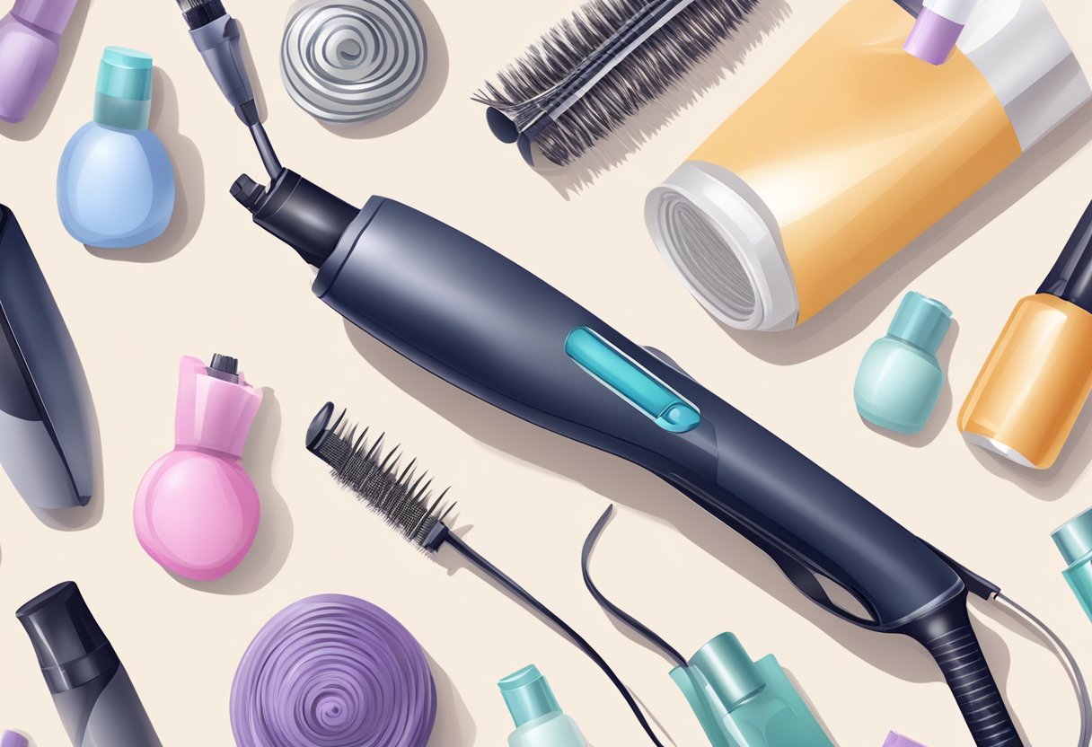 A hand holding a curling iron, wrapping a section of hair around it. Various hair accessories and styling products scattered on a table