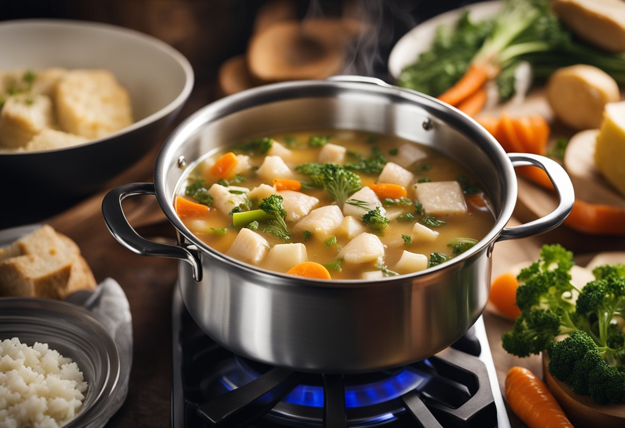 A pot simmers on a stovetop, filled with chunks of fish, vegetables, and broth. Steam rises as the chowder cooks, emitting a savory aroma