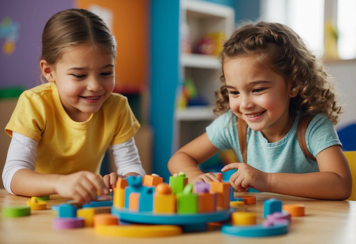 Preschoolers matching objects with similar sounds in a colorful, playful classroom setting