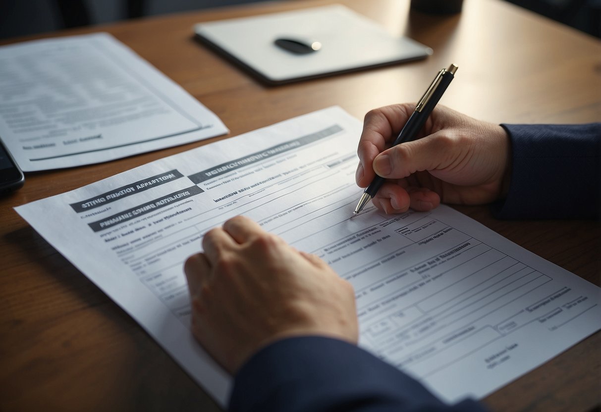 A person fills out loan application forms. A lender reviews and approves the application