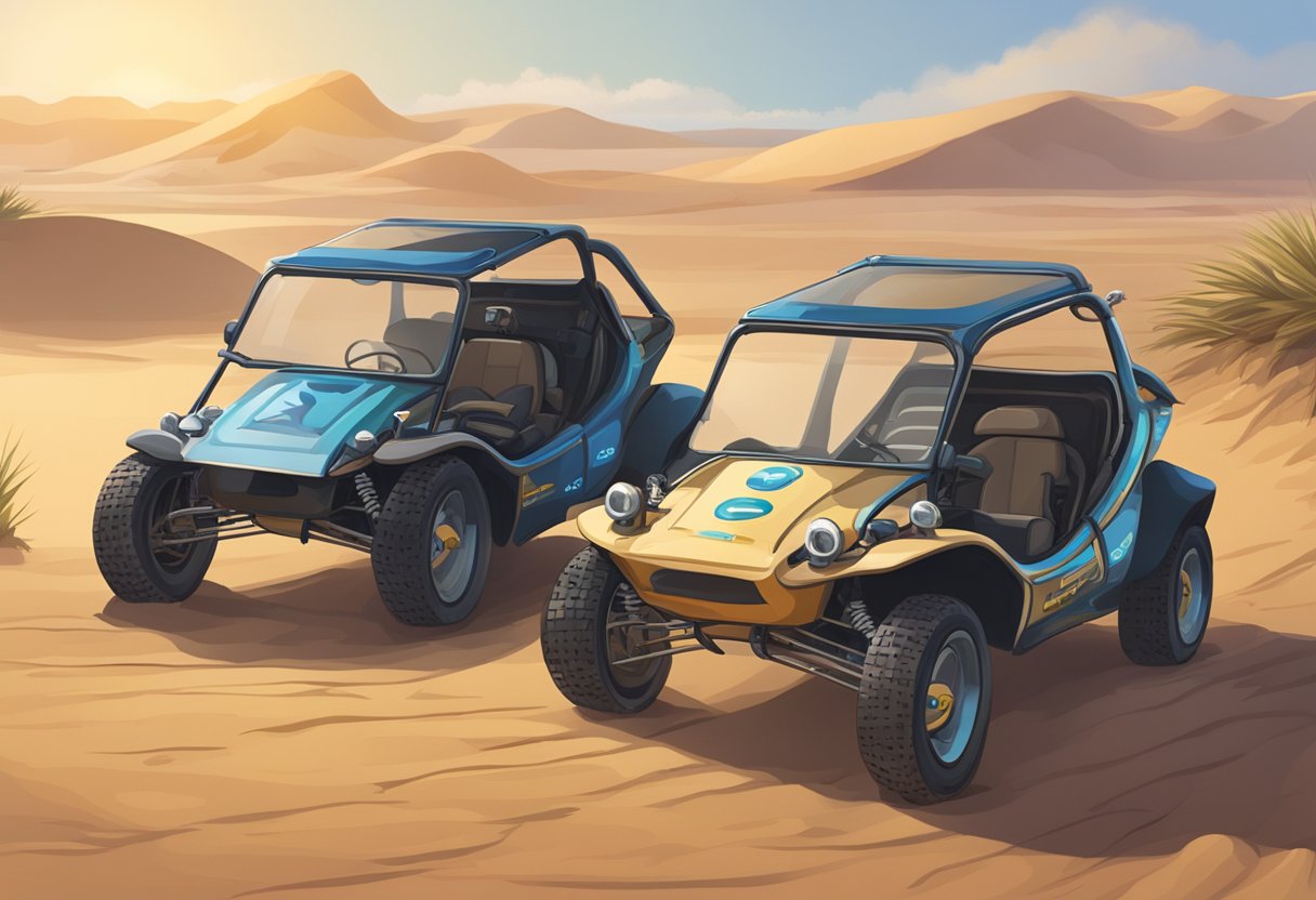 Two dune buggies parked in a sandy desert, with one buggy's title visible on the dashboard