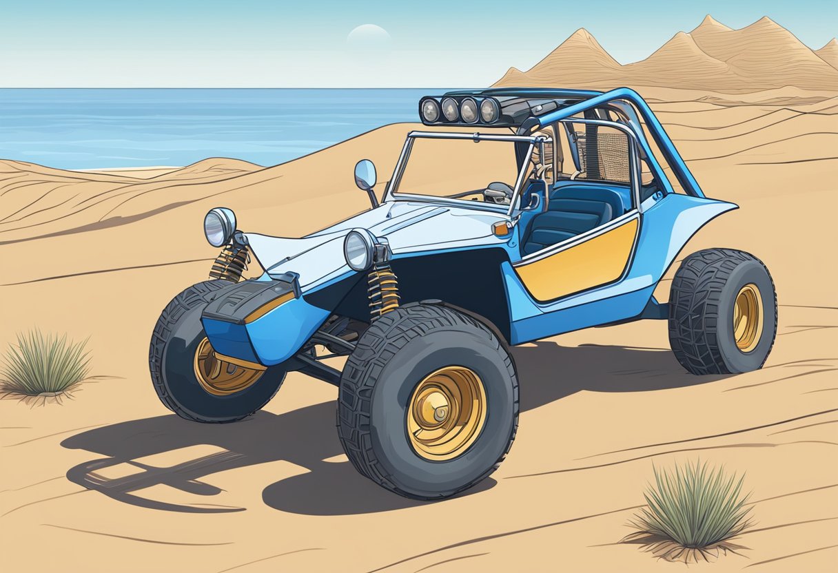 A dune buggy parked in a sandy desert, with a clear blue sky and distant dunes in the background. A title document is visible on the dashboard