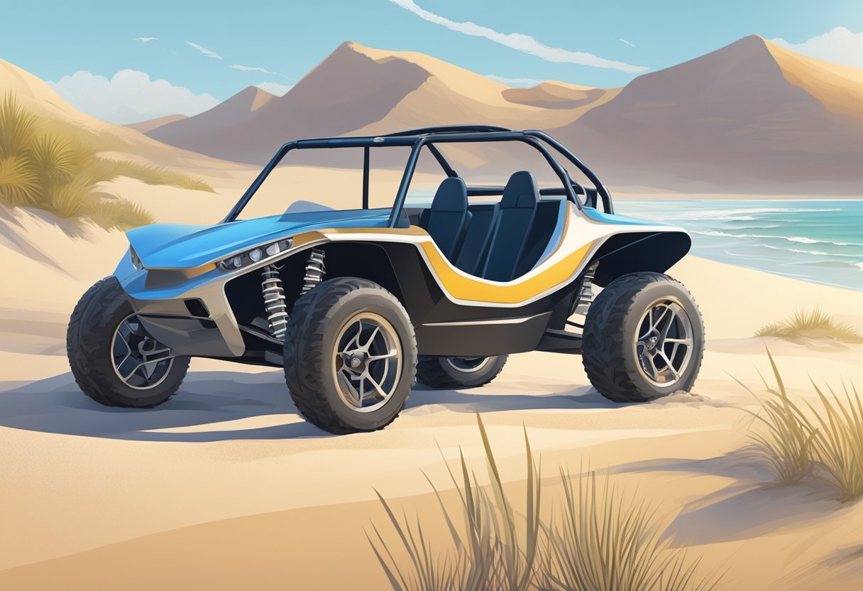 A dune buggy sits on a sandy beach, its sleek, aerodynamic frame glistening in the sunlight. The rugged tires are caked with sand, and the buggy's open cockpit beckons for adventure