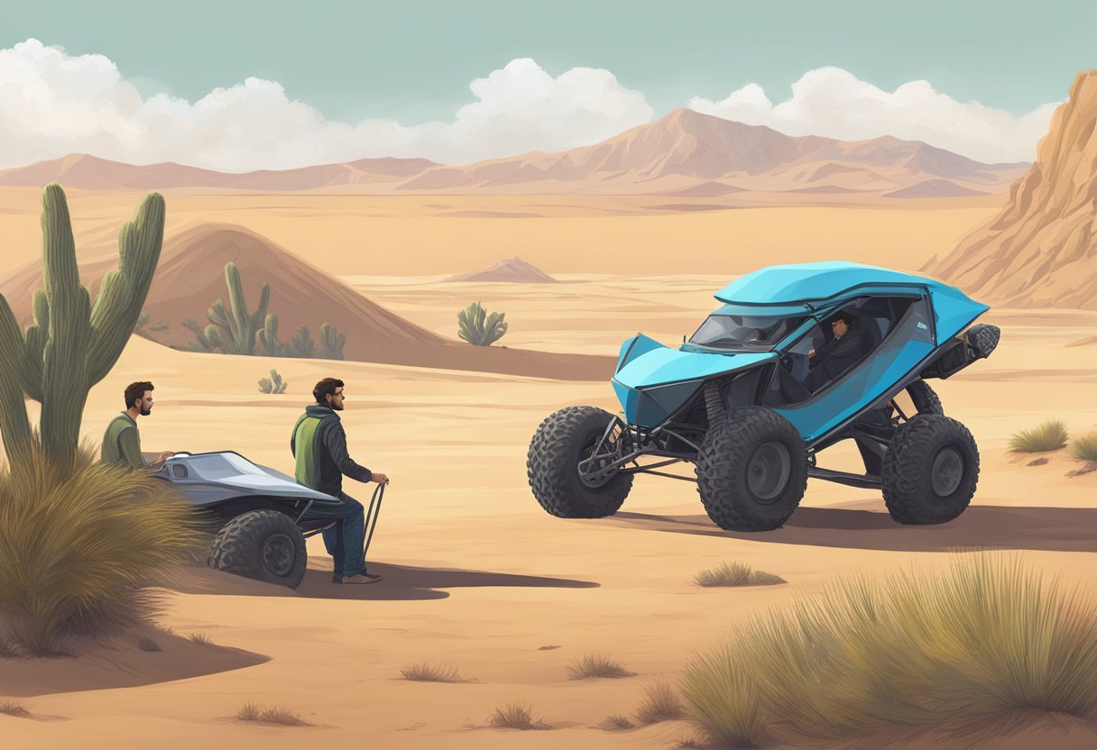 Two dune buggies parked in a desert landscape. A hand exchanges a title document between two people