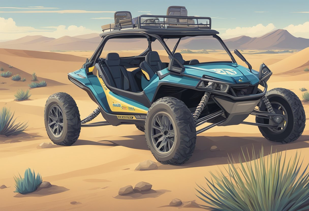 Two dune buggies parked in a desert landscape, with a sign nearby displaying "Legal Implications Without a Title" in bold letters