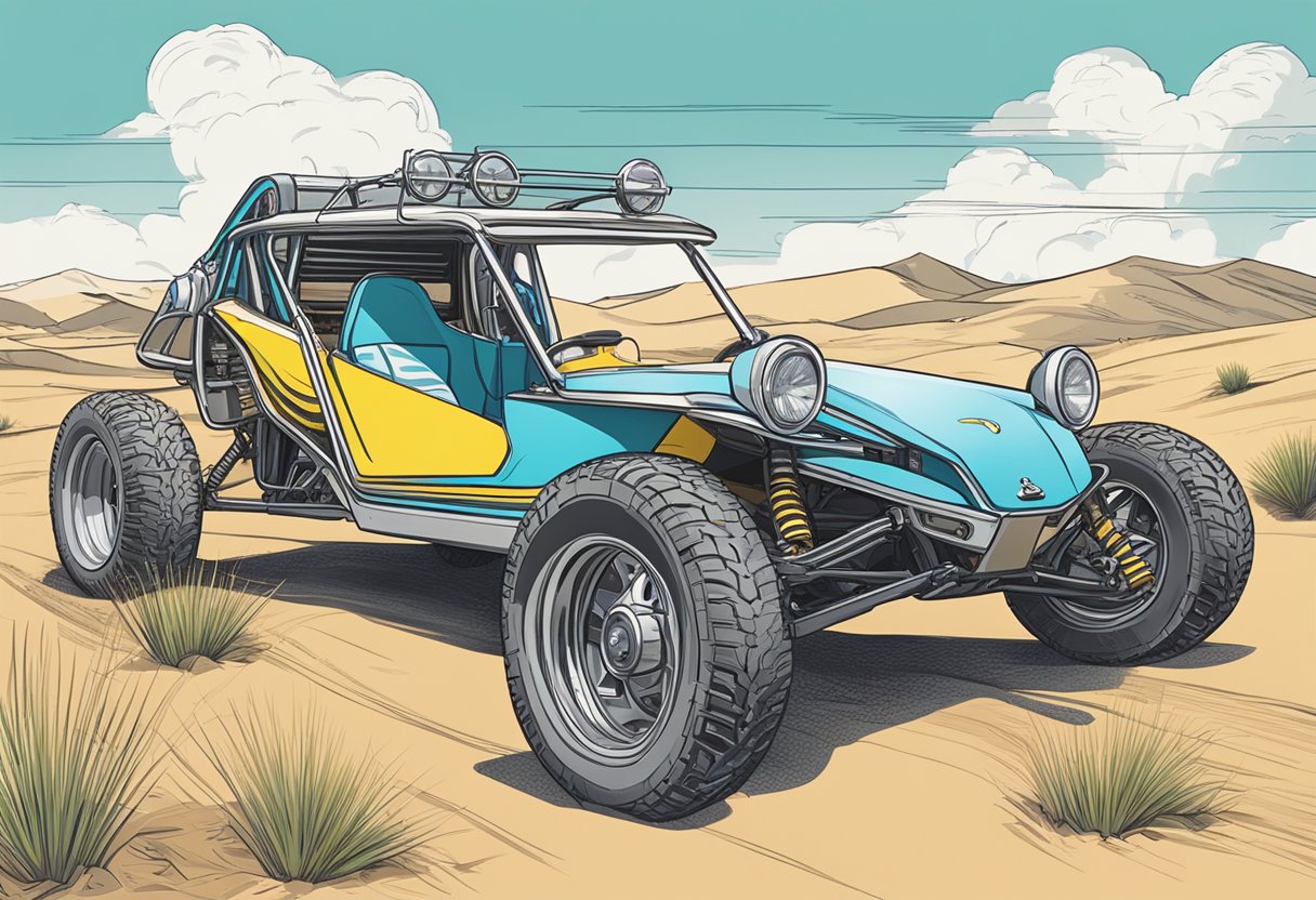 A dune buggy sits in a bright, open field. A title document and insurance papers rest on the dashboard