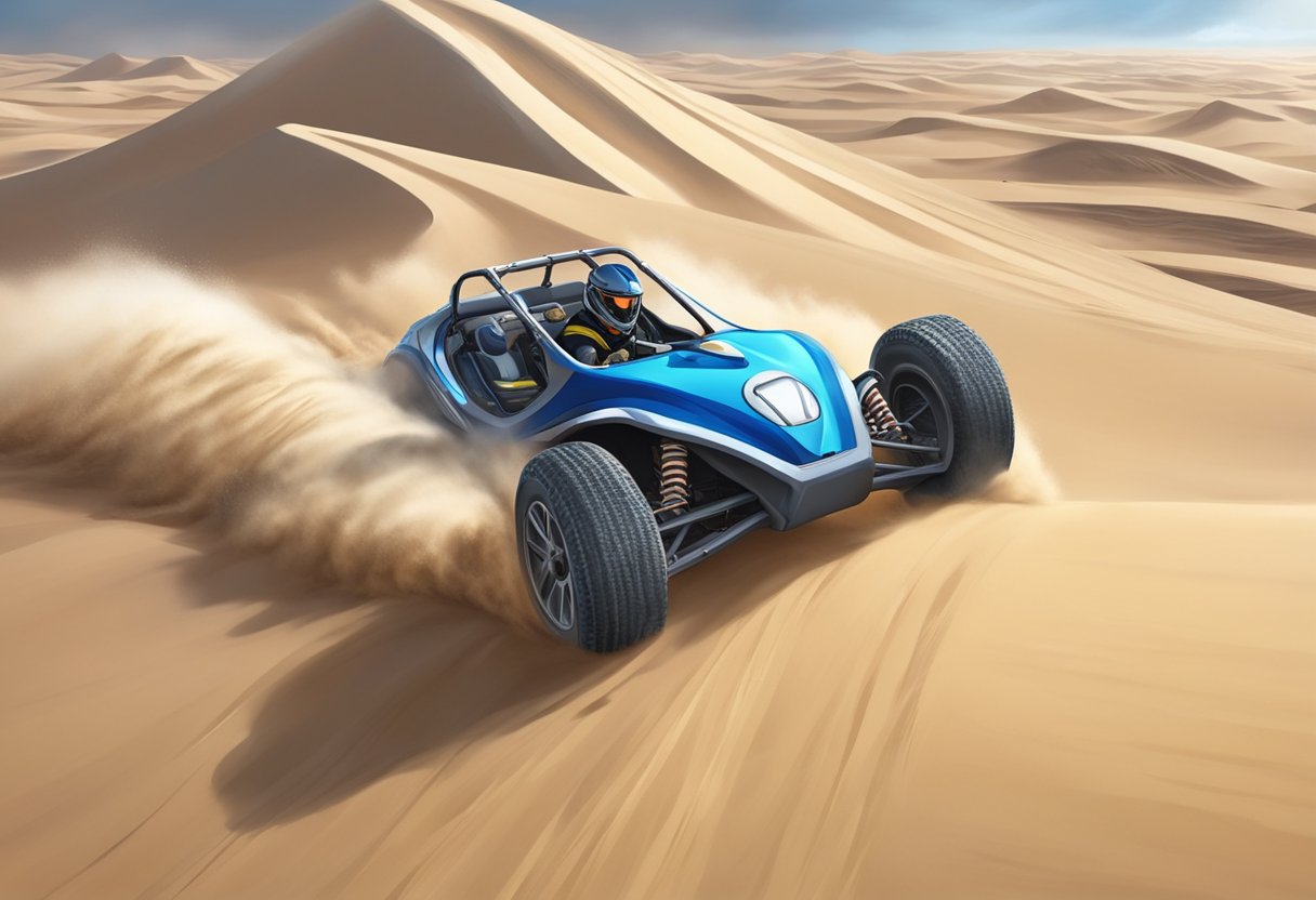 Dune buggies race across the desert, kicking up clouds of sand as they zip around sharp turns and soar over dunes