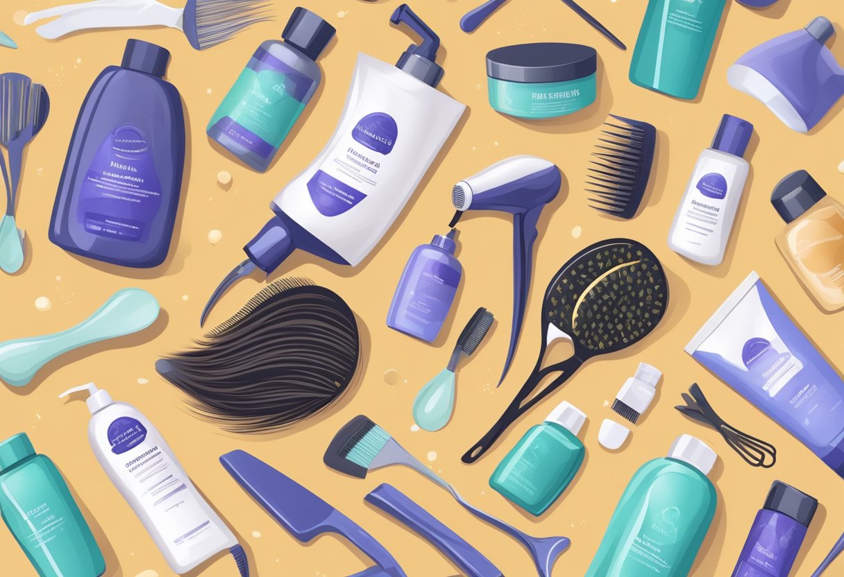 A person applying a nourishing hair mask, surrounded by hair thickening products and tools