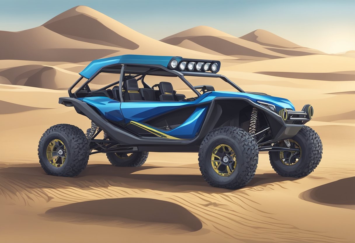 Custom and kit dune buggies parked on sandy dunes, with rugged tires and open frames