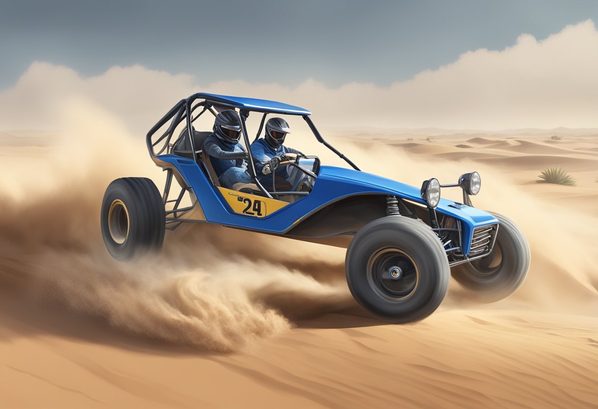 A dune buggy races across the sandy desert, kicking up clouds of dust as it speeds along the rugged terrain