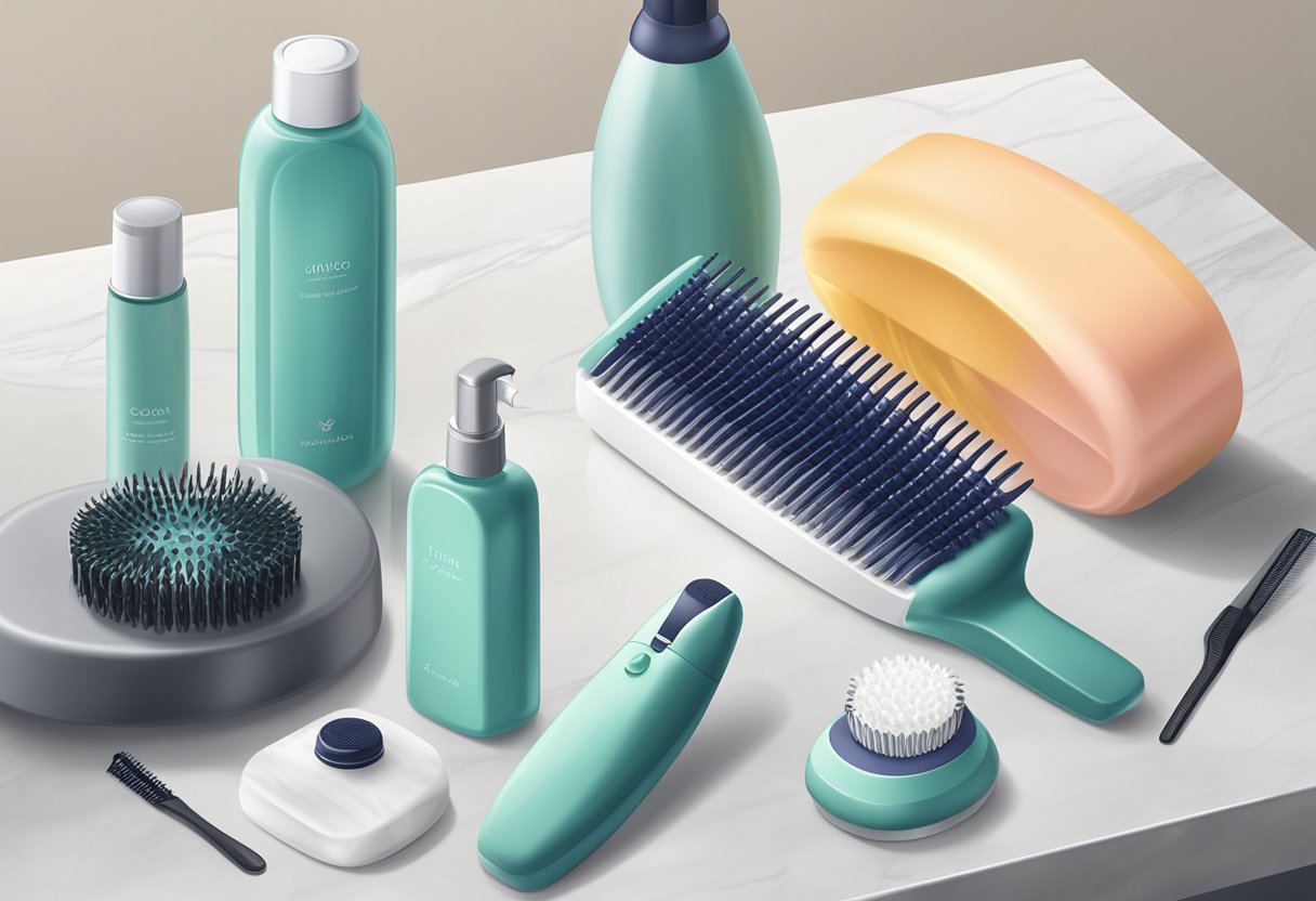 A bottle of thickening shampoo and conditioner sit on a marble countertop next to a wide-tooth comb and a hairbrush. A hairdryer and a set of hair rollers are also present