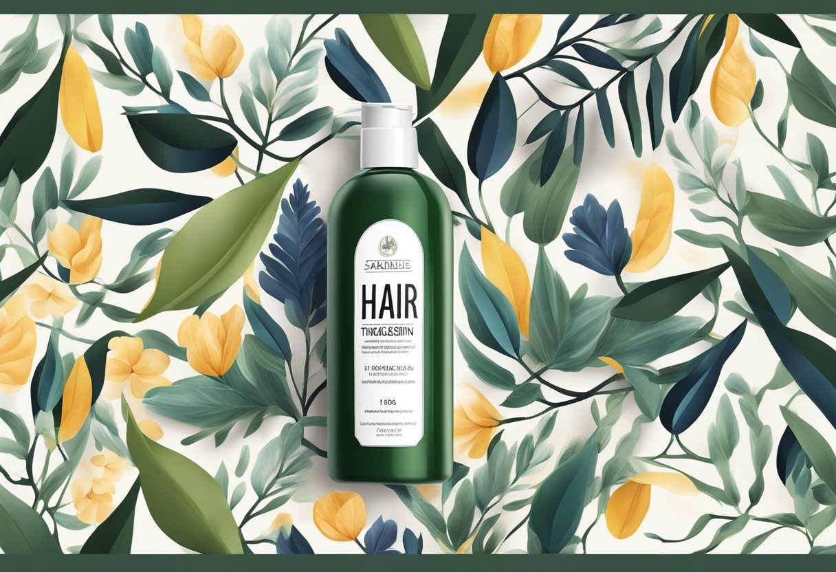 A bottle of hair thickening product surrounded by lush, voluminous strands of hair