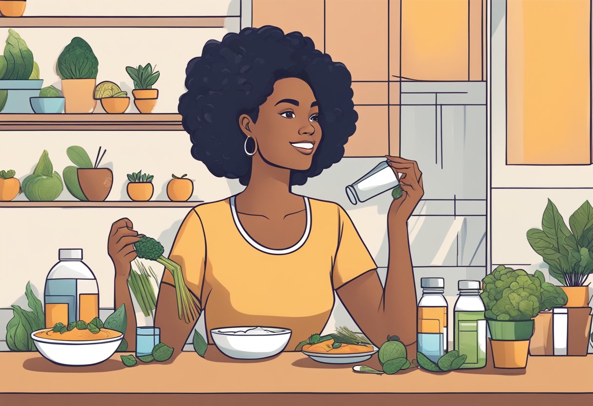 A woman using natural hair care products, eating a balanced diet, and practicing stress-reducing activities to promote thicker hair growth