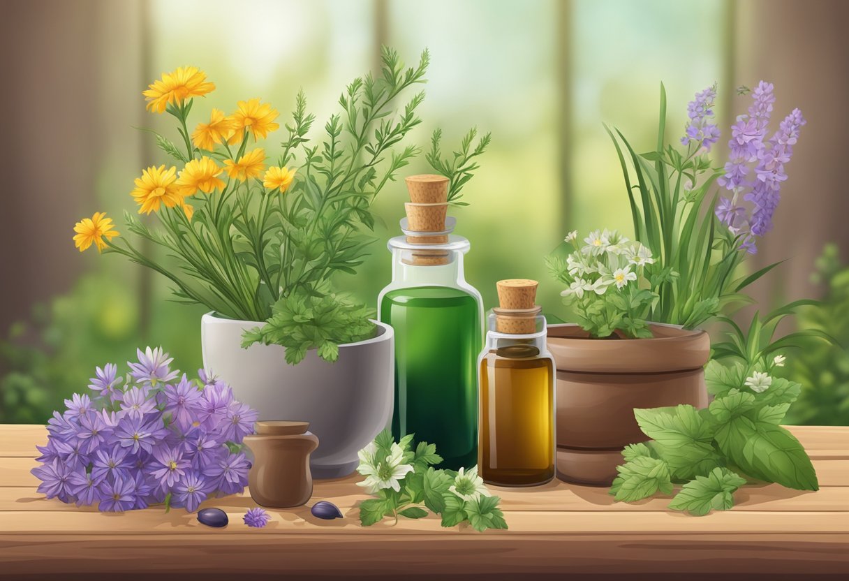 A bottle of essential oils and herbs on a wooden table, surrounded by fresh flowers and a mortar and pestle