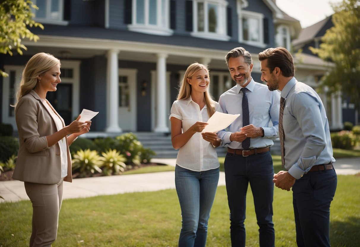 A family standing in front of a house, holding a set of keys and a contract, with a bank representative discussing investment opportunities