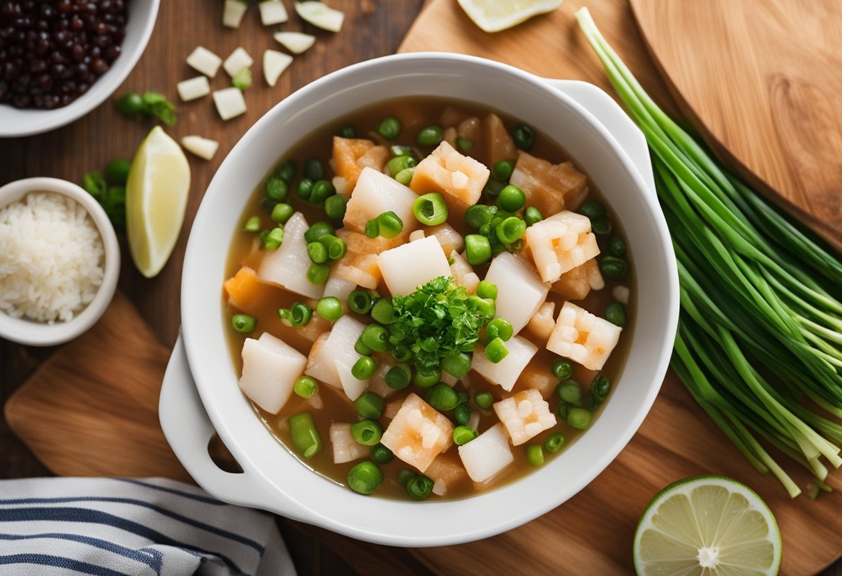 A cutting board with diced fish, ginger, and scallions. A pot of simmering broth on a stove. Rice and seasoning on the counter