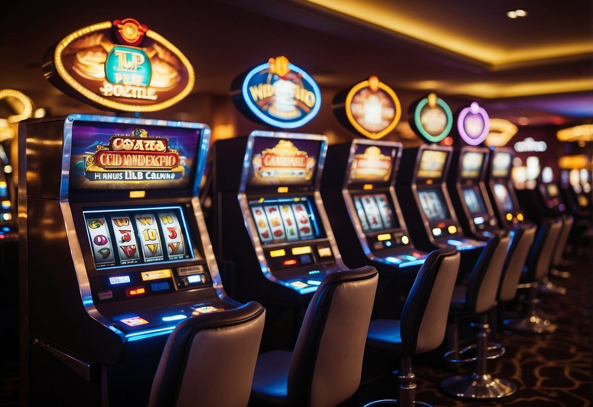 Various games available at wild.io casino: slot machines, poker tables, and roulette wheels. Bright lights and colorful graphics create an exciting atmosphere
