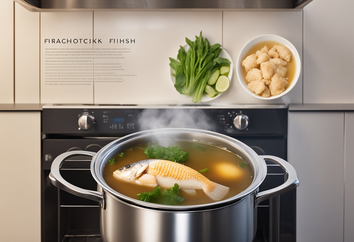 A pot simmers on a stove, steam rising as fish, rice, and ginger cook together in a fragrant broth for Congee fish congee