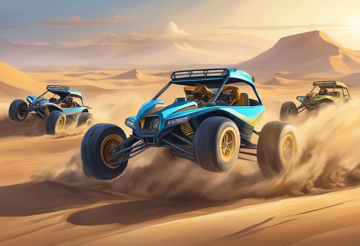 Dune buggies race across desert terrain, kicking up sand and reaching high speeds