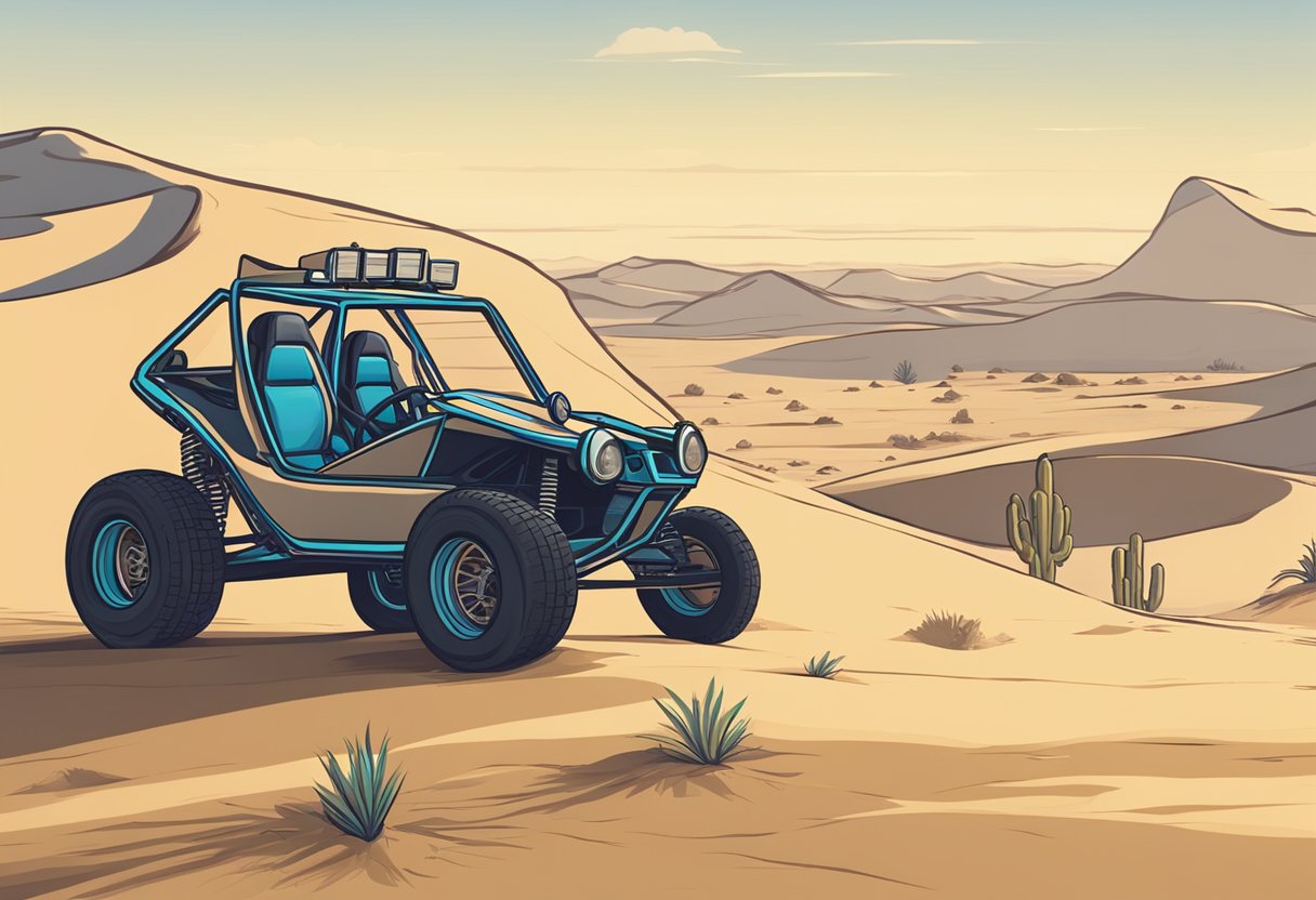 A dune buggy sits in a sandy desert, with a sign reading "Frequently Asked Questions: Do Dune Buggies Have Titles?" in the background