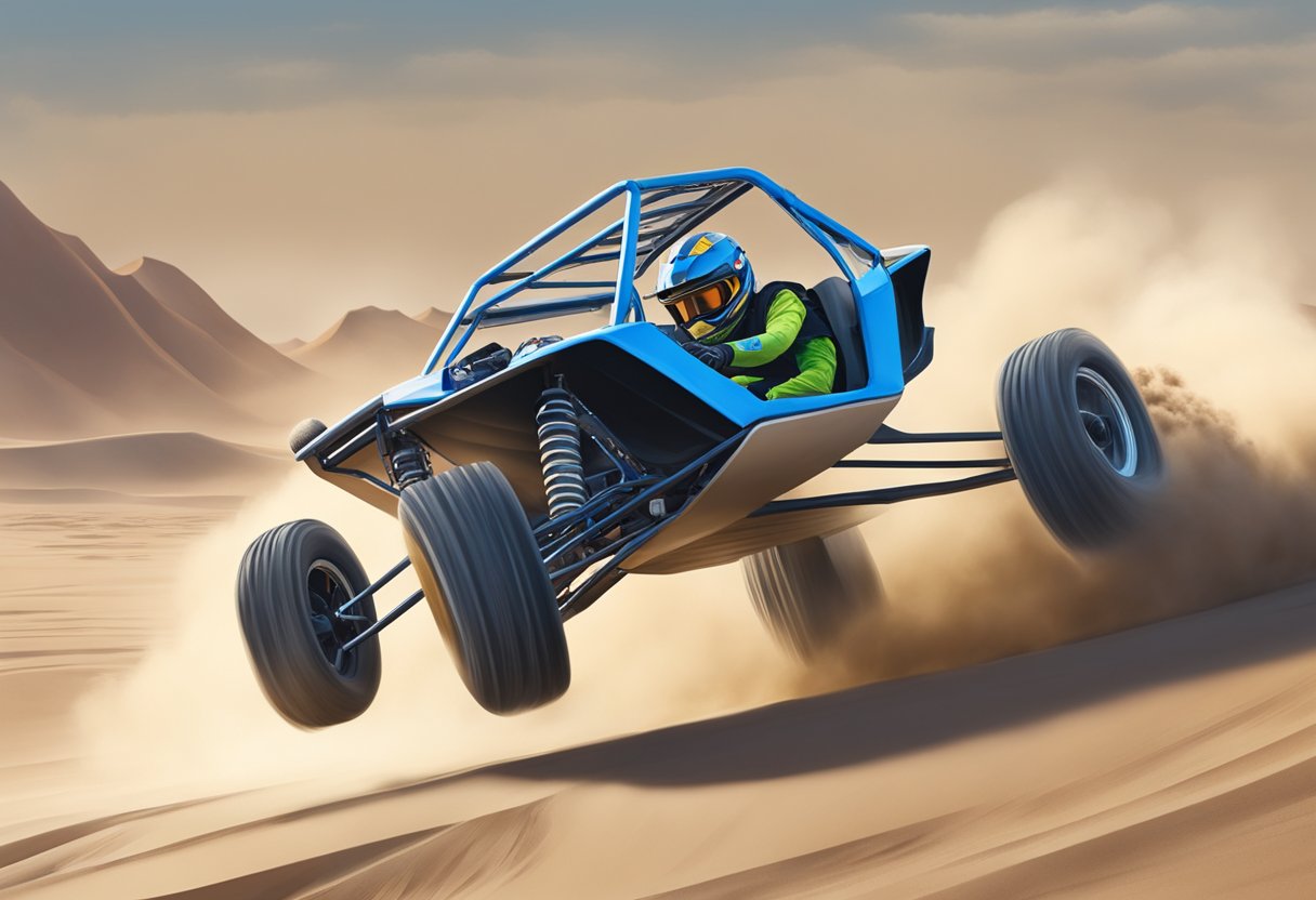 A dune buggy races across sandy terrain, kicking up clouds of dust as it speeds over bumps and dips in the landscape