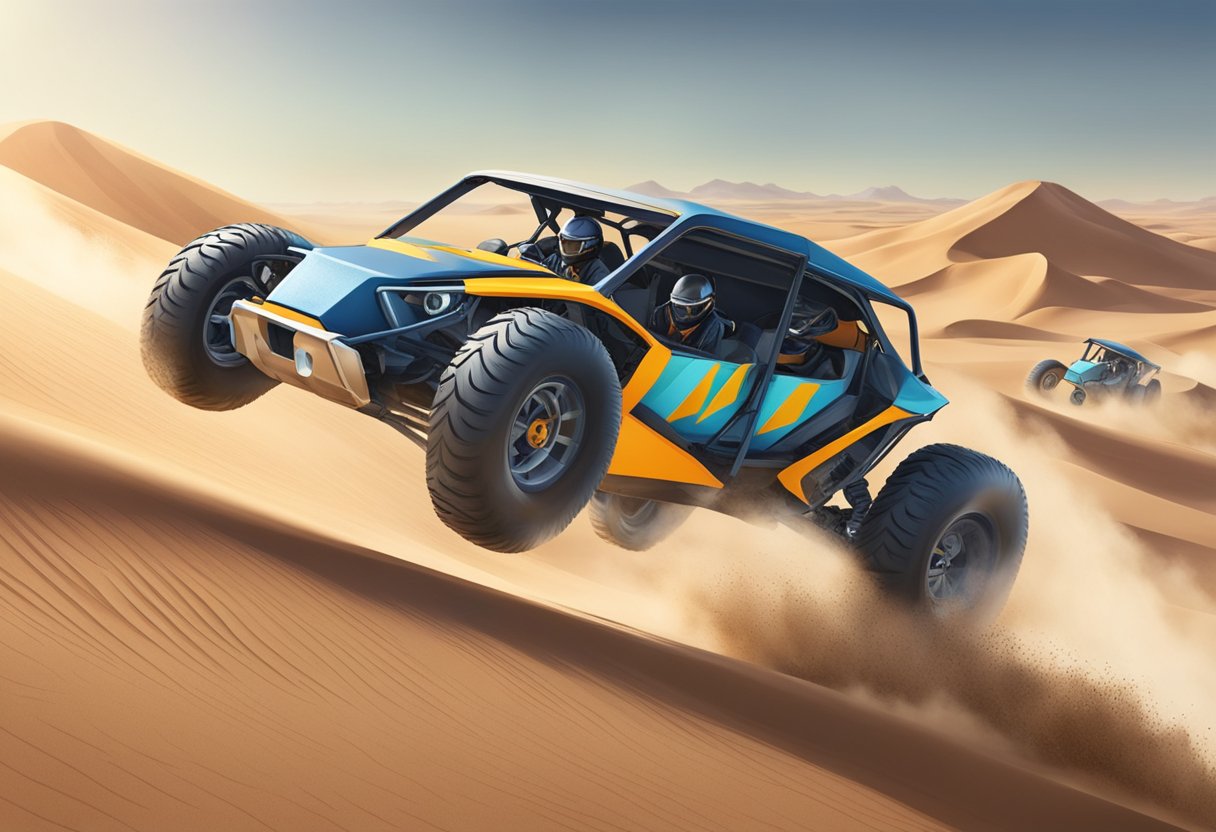 Dune buggies speed across desert terrain, kicking up sand and leaving tracks in their wake